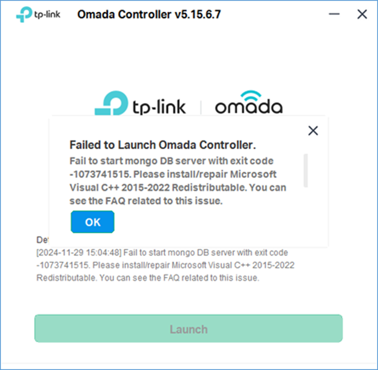 Error Code shows up when Controller v5.15.6 starts. 