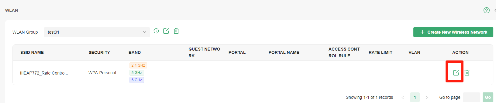 Display the Edit button's position for one existing SSID.
