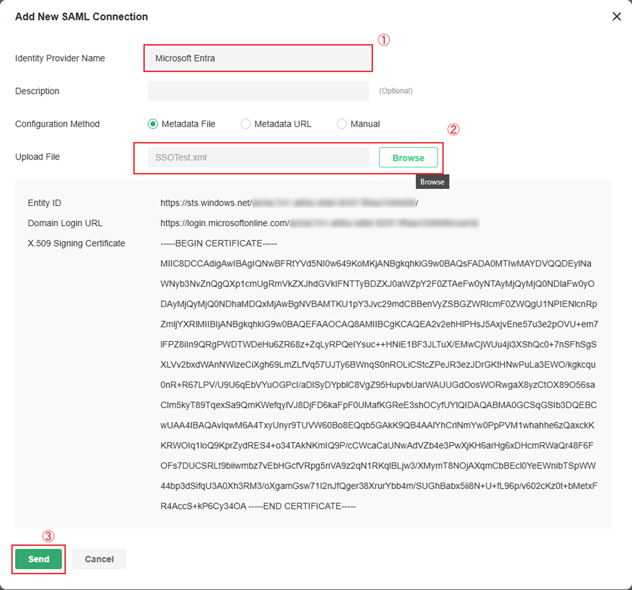 Upload the XML file downloaded to auto-configure SAML SSO.