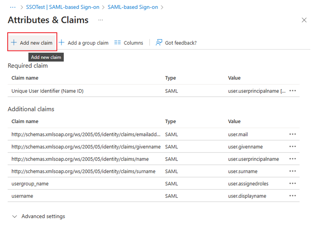 Click Add new claim to add two new claims/attributes username and usergroup_name.