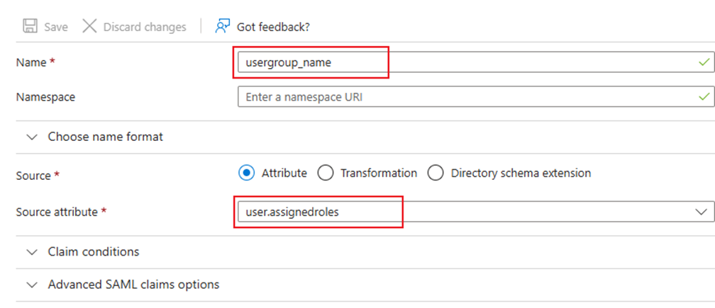 Add the attribute userggroup_name, and parameters should be inputted as the sample.