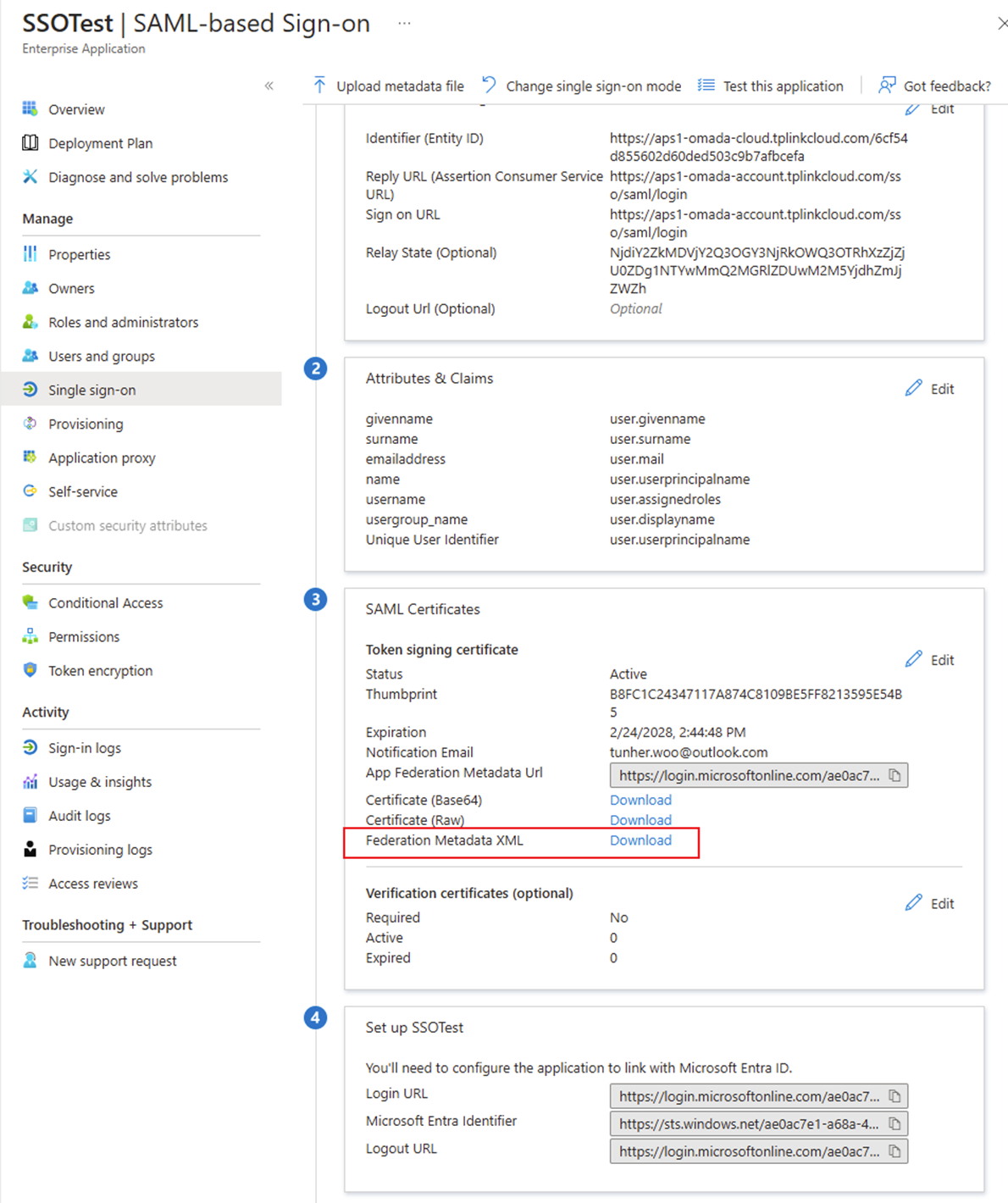 Go back to the SSO configuration homepage and download the Federation Metadate XML.