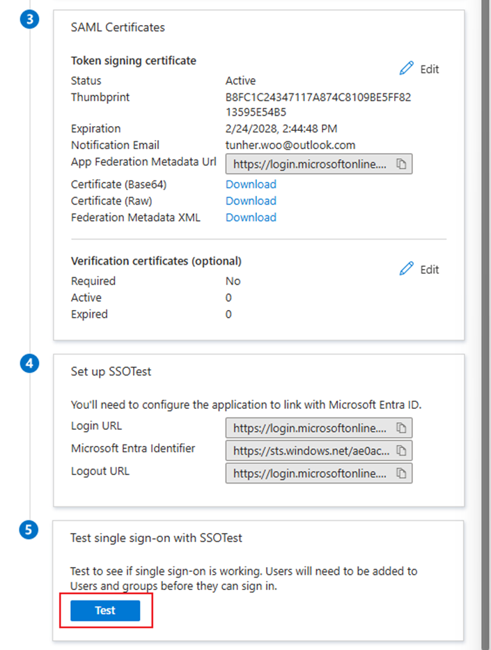 Click Test to try the SAML SSO.