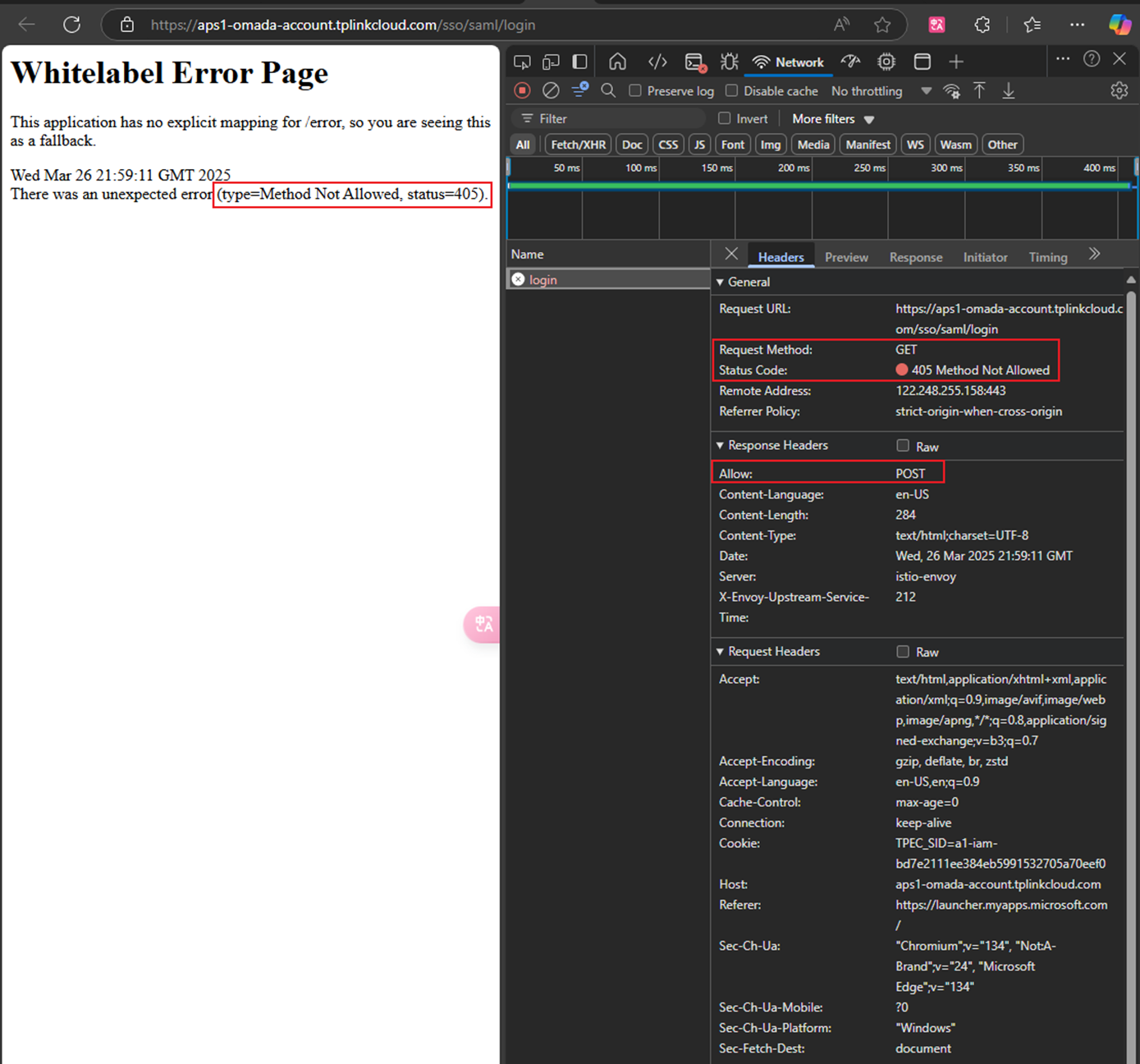 Redirection with SAML SSO failed; the error code shows “405 Method Not Allowed”. 