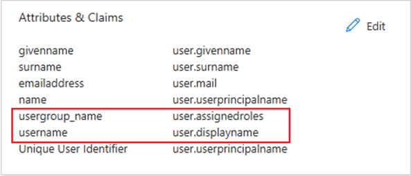 Return to the Attributes & Claims and check whether the username, usergroup_name, was added and the value is correct.